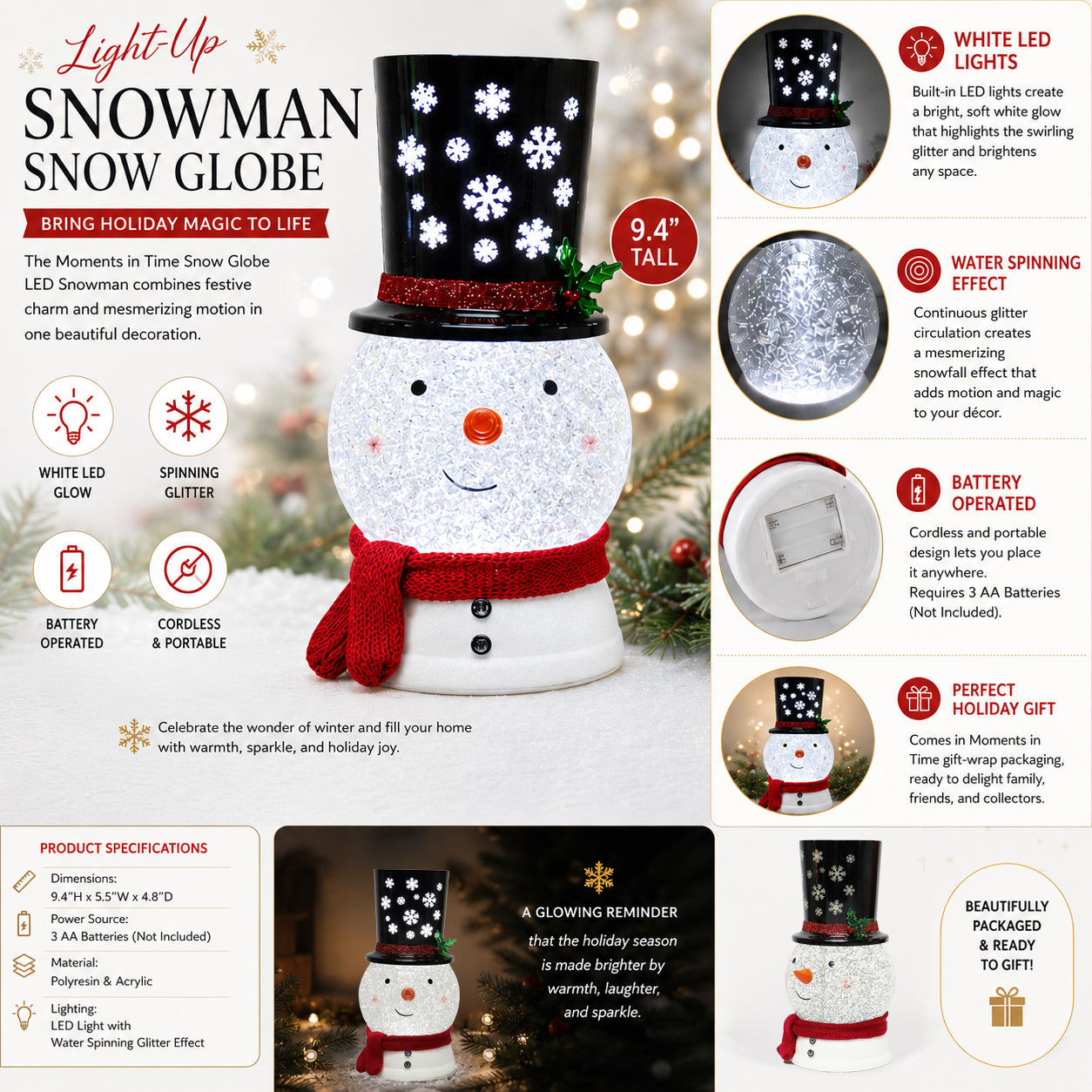 Snowman Snow Globe Water Spinning LED Lighted Snowman