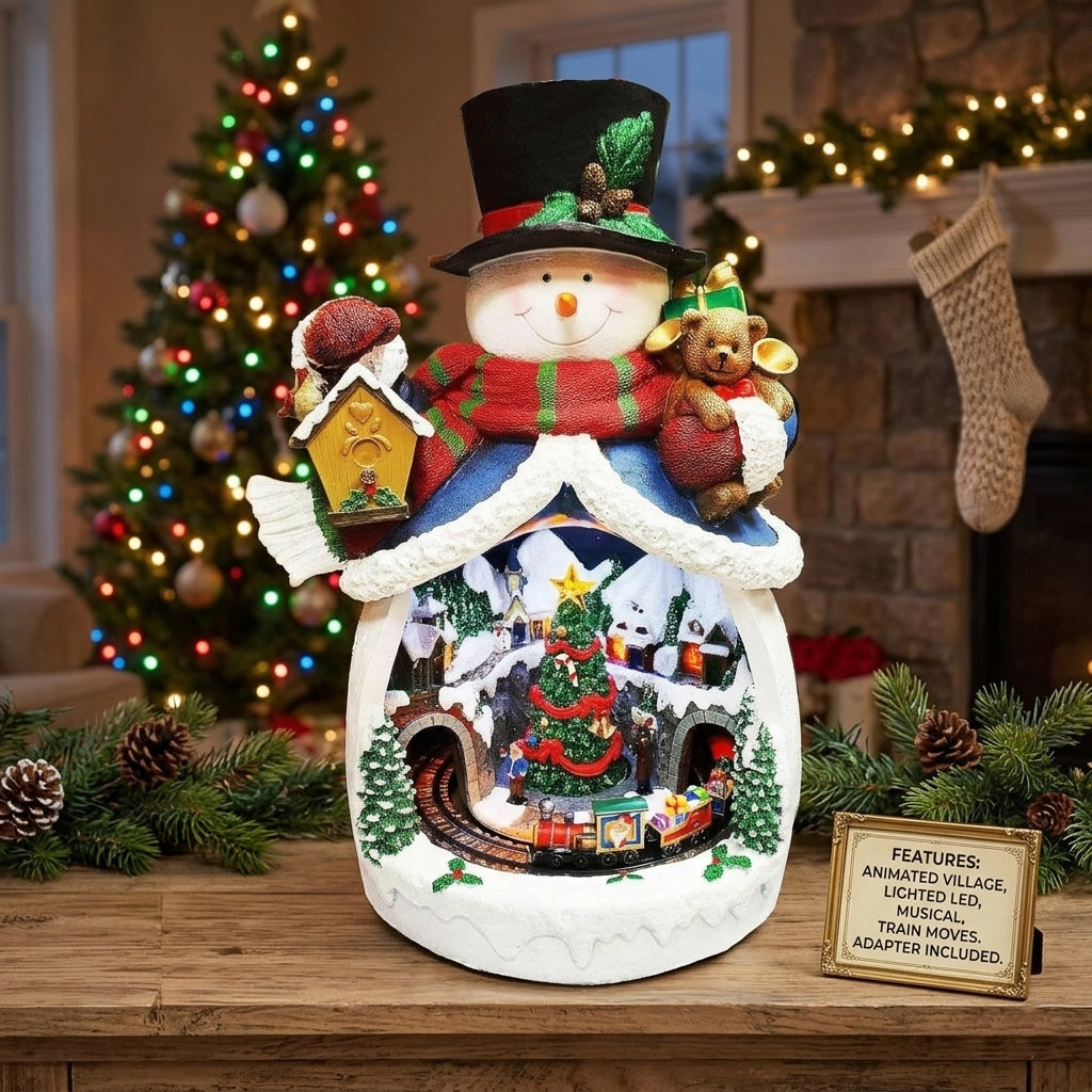 Snowman with Animated Christmas Village Scene LED Lighted Musical Holiday Decoration with Moving Train Adapter Included 18.7” Tall