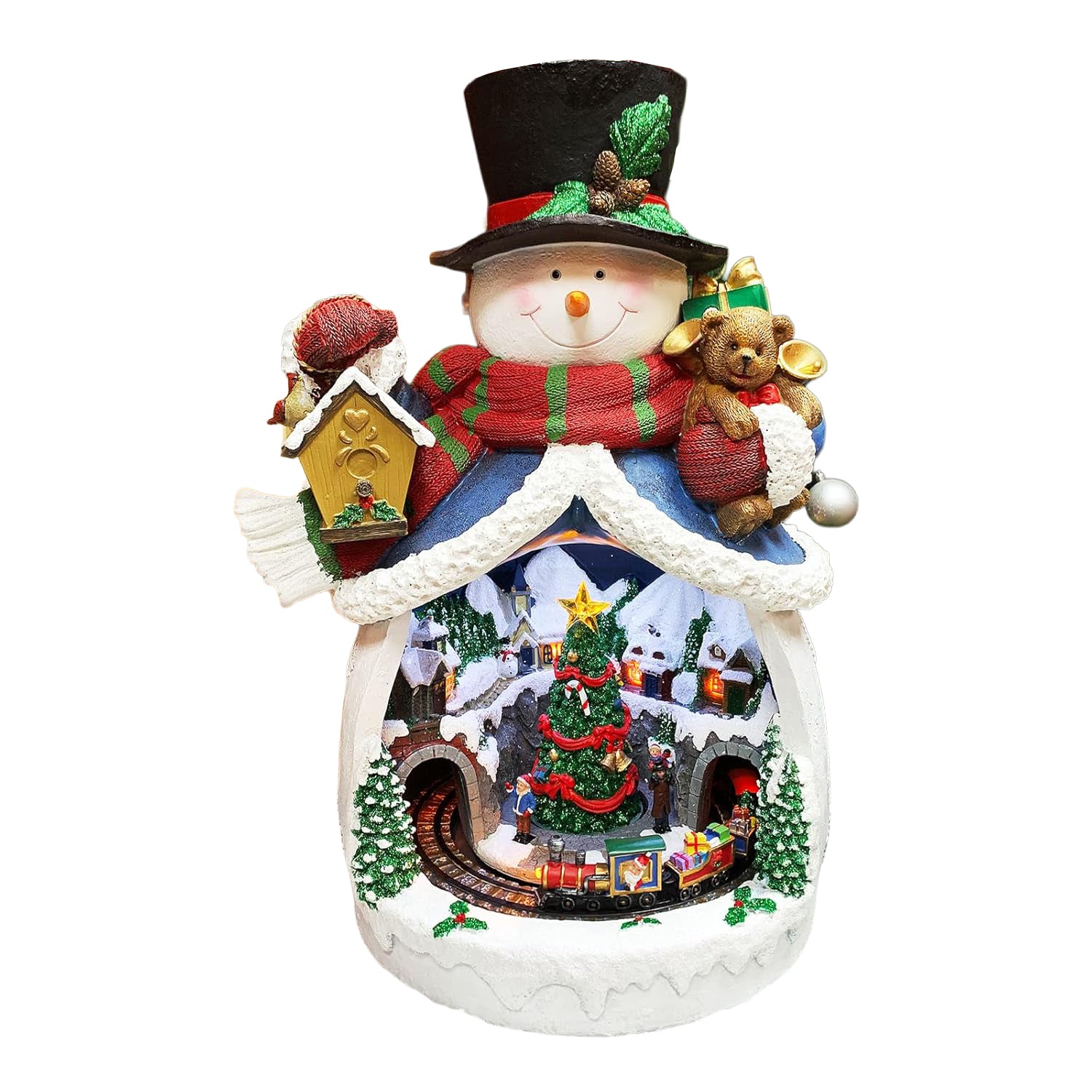 Snowman with Animated Christmas Village Scene LED Lighted Musical Holiday Decoration with Moving Train Adapter Included 18.7” Tall