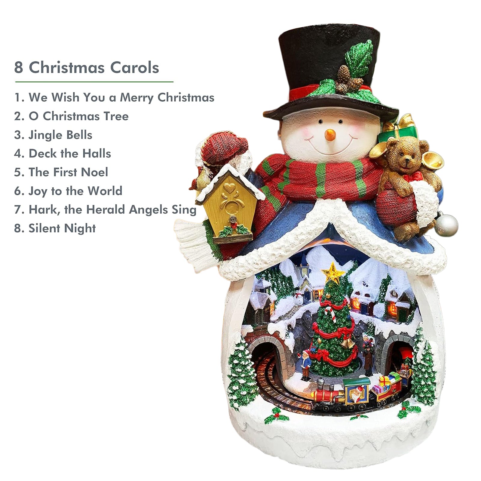 Snowman with Animated Christmas Village Scene LED Lighted Musical Holiday Decoration with Moving Train Adapter Included 18.7” Tall