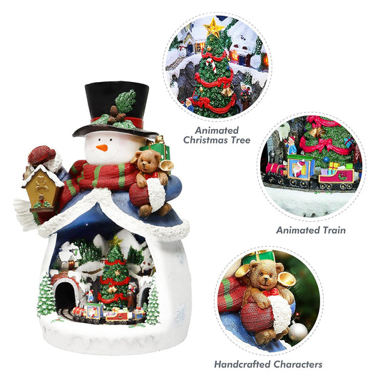 Snowman with Animated Christmas Village Scene LED Lighted Musical Holiday Decoration with Moving Train Adapter Included 18.7” Tall
