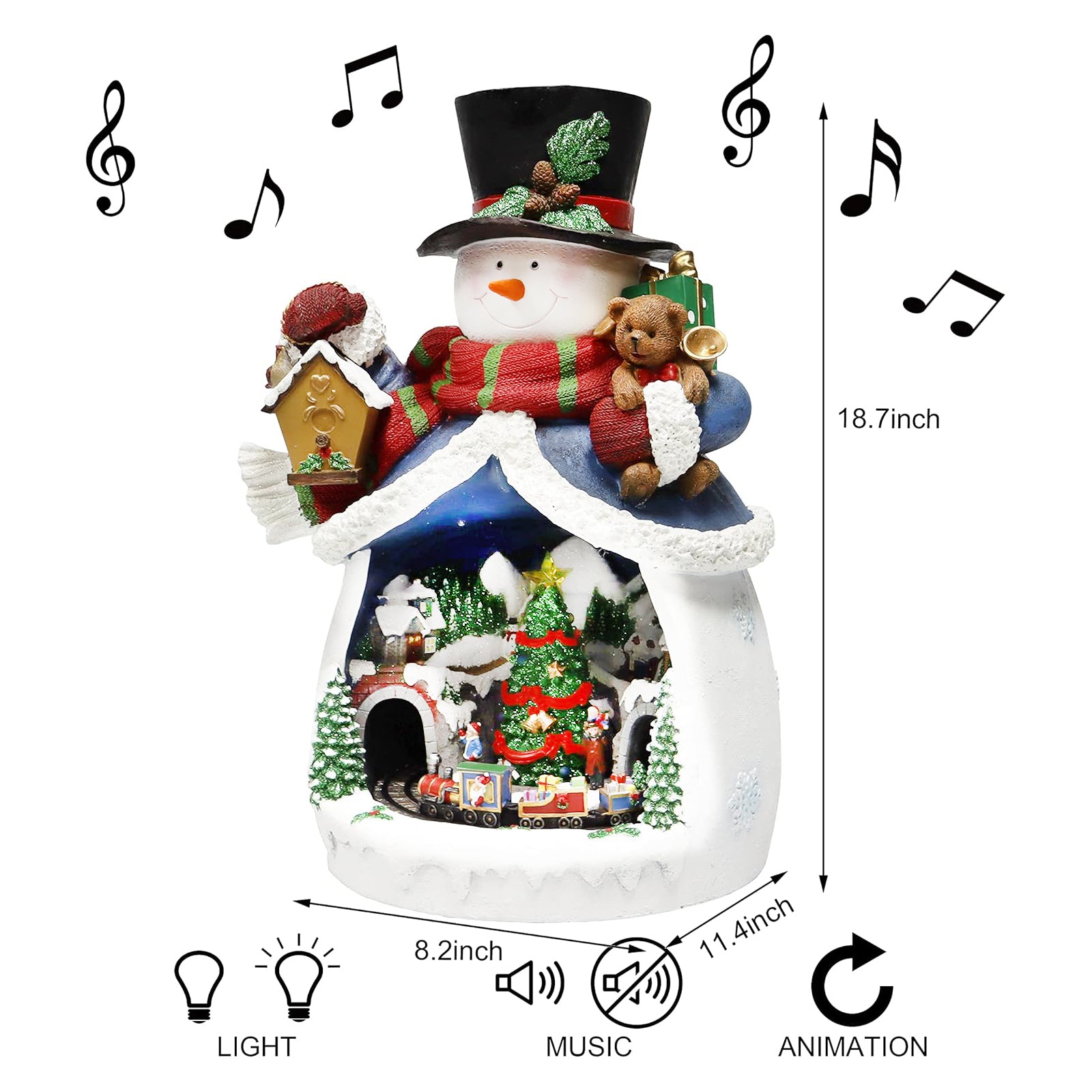 Snowman with Animated Christmas Village Scene LED Lighted Musical Holiday Decoration with Moving Train Adapter Included 18.7” Tall
