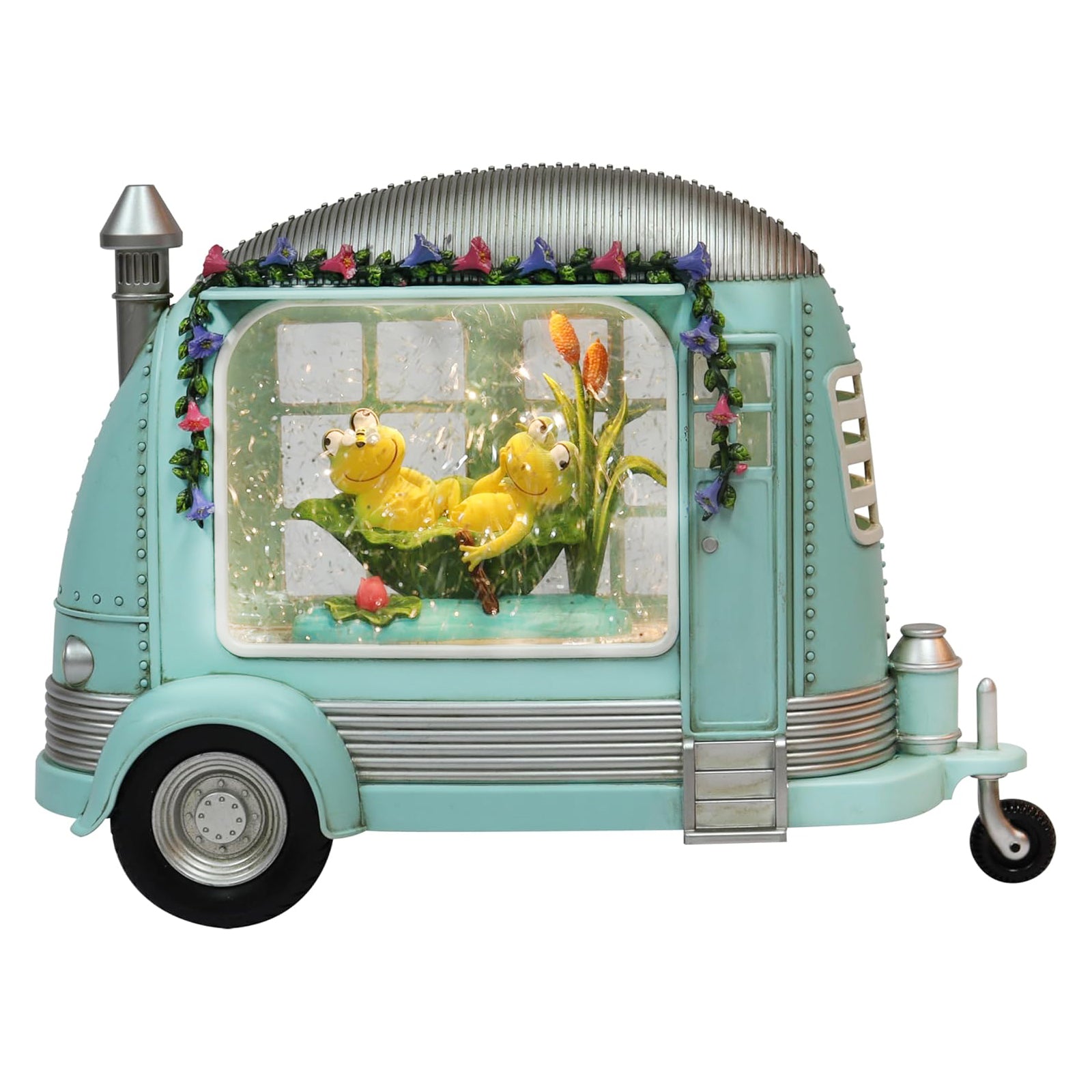 Spring Camper Water Globe with Frogs 6.75” Acrylic Snow Globe LED Lights Water Spinning Glitter Battery Operated Easter Spring Home Decoration