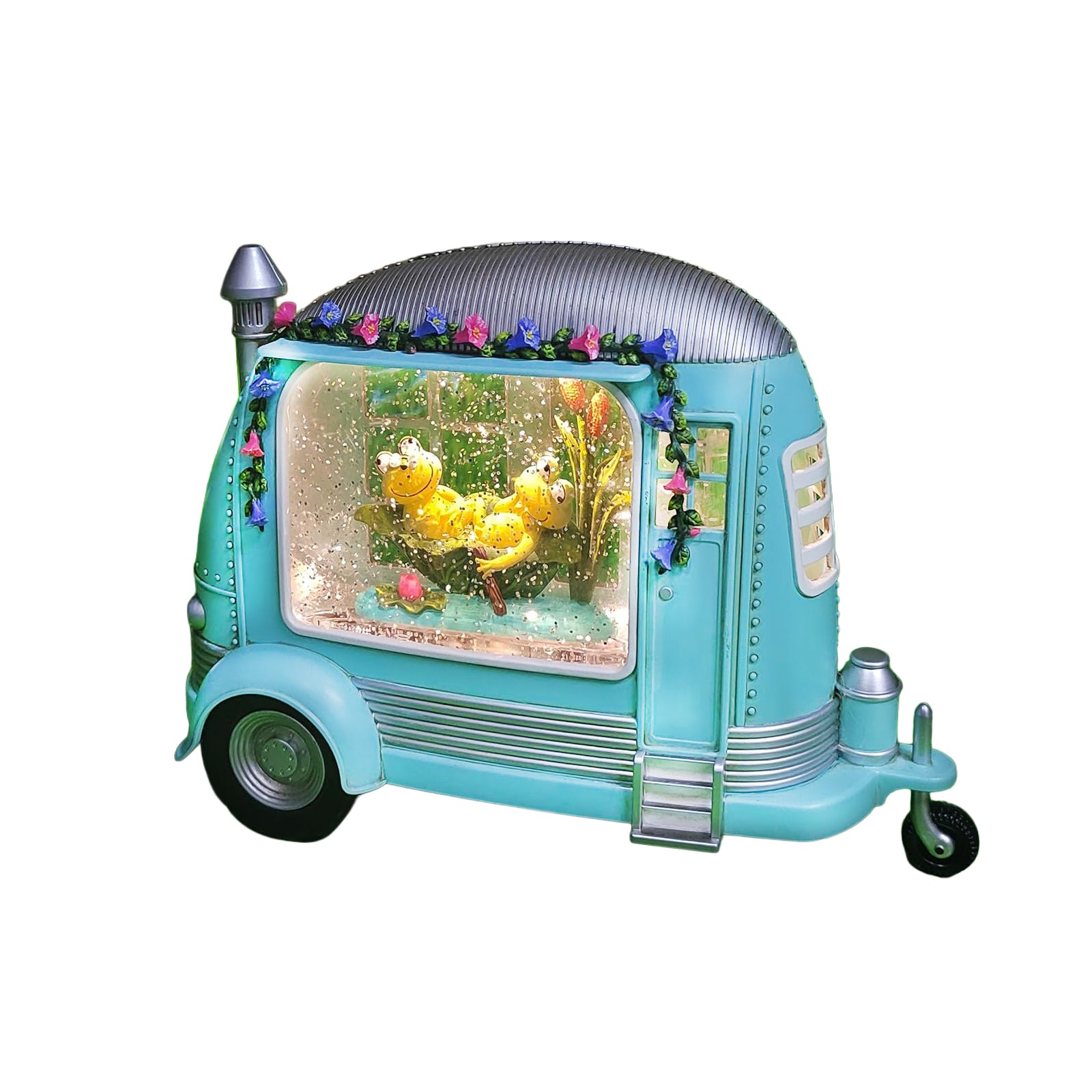 Spring Camper Water Globe with Frogs 6.75” Acrylic Snow Globe LED Lights Water Spinning Glitter Battery Operated Easter Spring Home Decoration