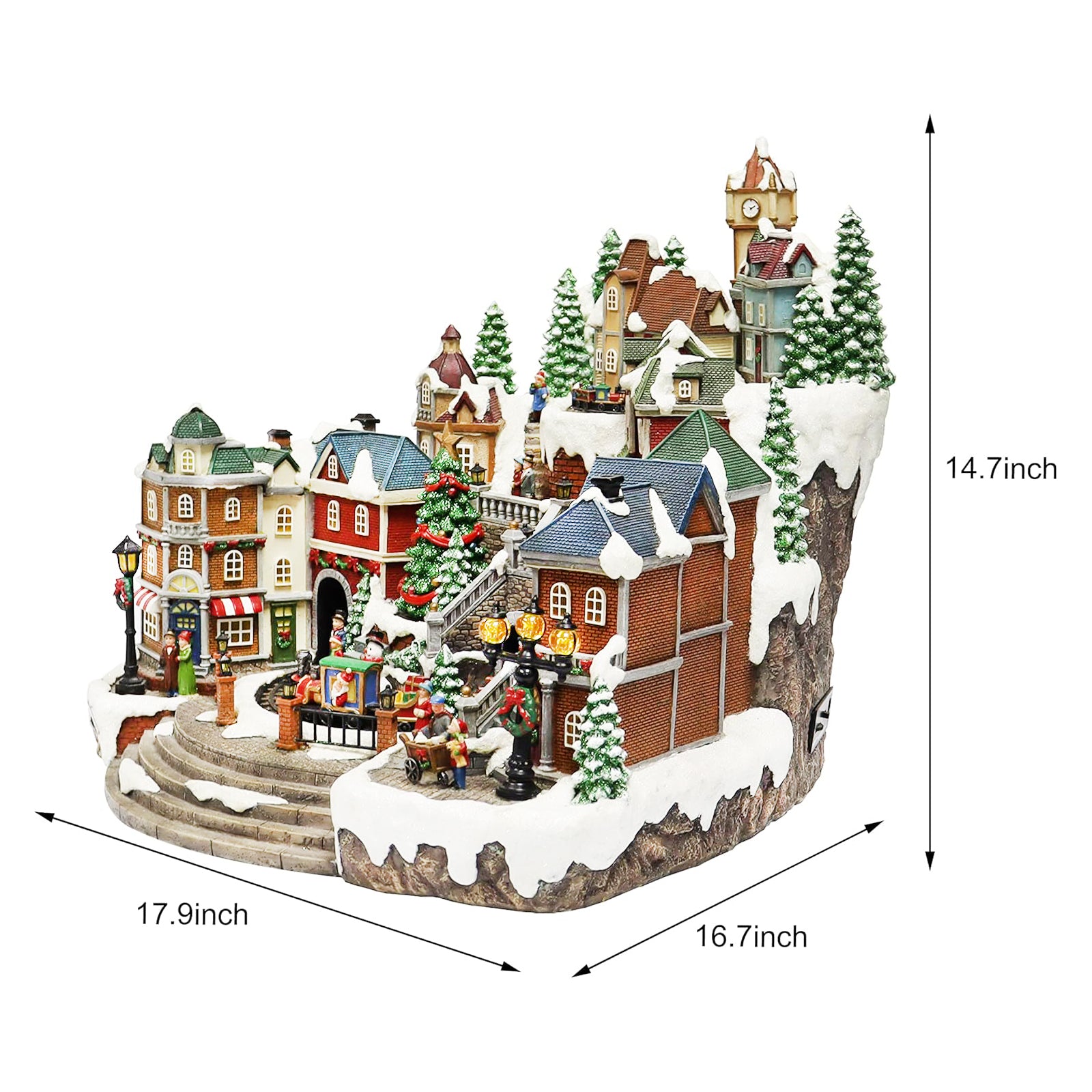 Animated Christmas Village Scene with Rotating Train LED Lighted Houses Snow Covered Town Display Holiday Tabletop Decor with Christmas Tree and Figurines