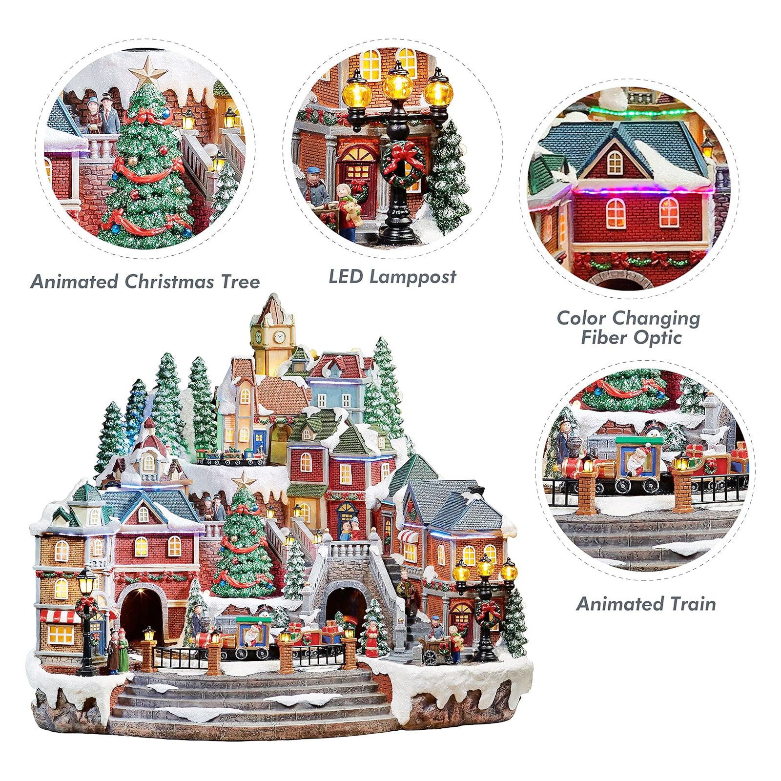 Animated Christmas Village Scene with Rotating Train LED Lighted Houses Snow Covered Town Display Holiday Tabletop Decor with Christmas Tree and Figurines
