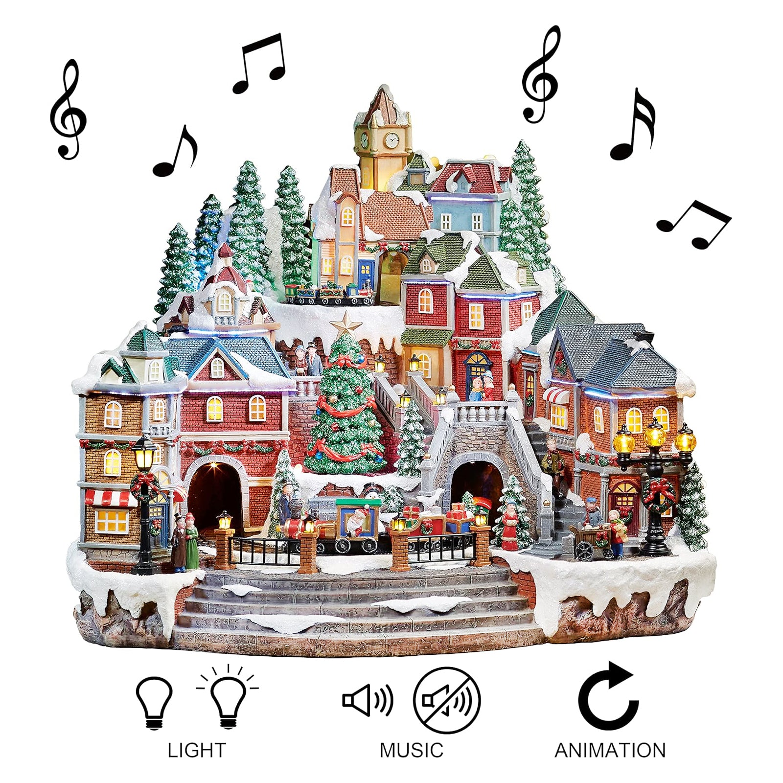 Animated Christmas Village Scene with Rotating Train LED Lighted Houses Snow Covered Town Display Holiday Tabletop Decor with Christmas Tree and Figurines