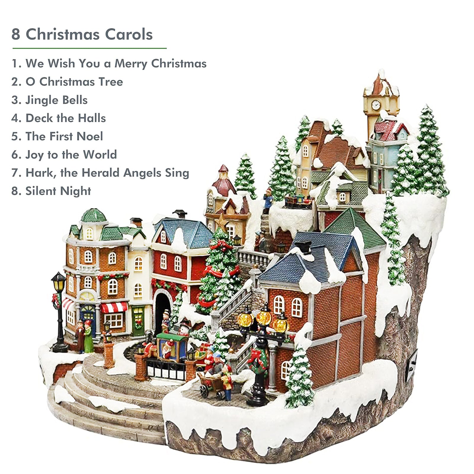 Animated Christmas Village Scene with Rotating Train LED Lighted Houses Snow Covered Town Display Holiday Tabletop Decor with Christmas Tree and Figurines
