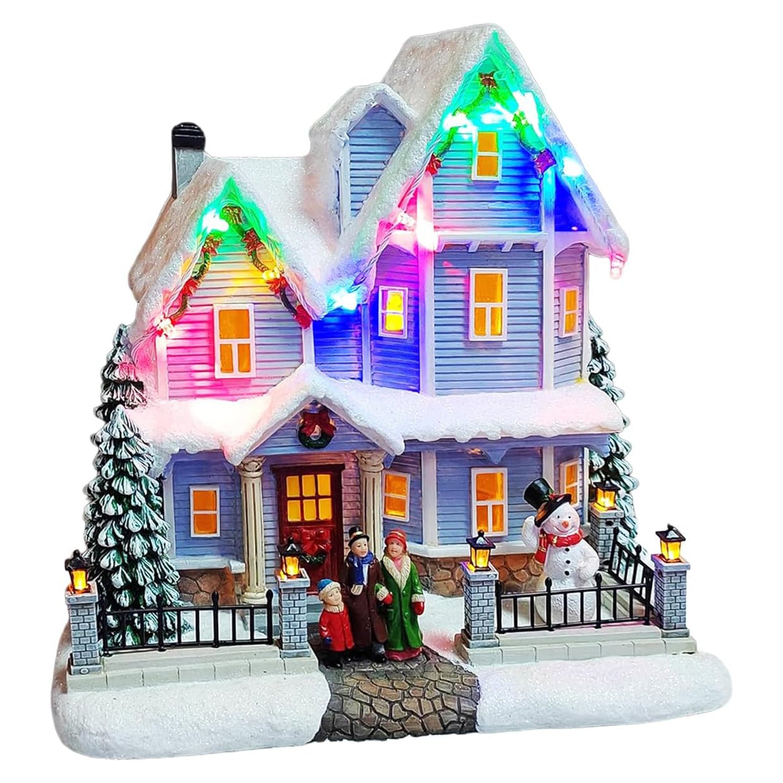 Vintage Christmas Village House 8.9” Lighted LED Musical Holiday Building with Snowman, Family Scene