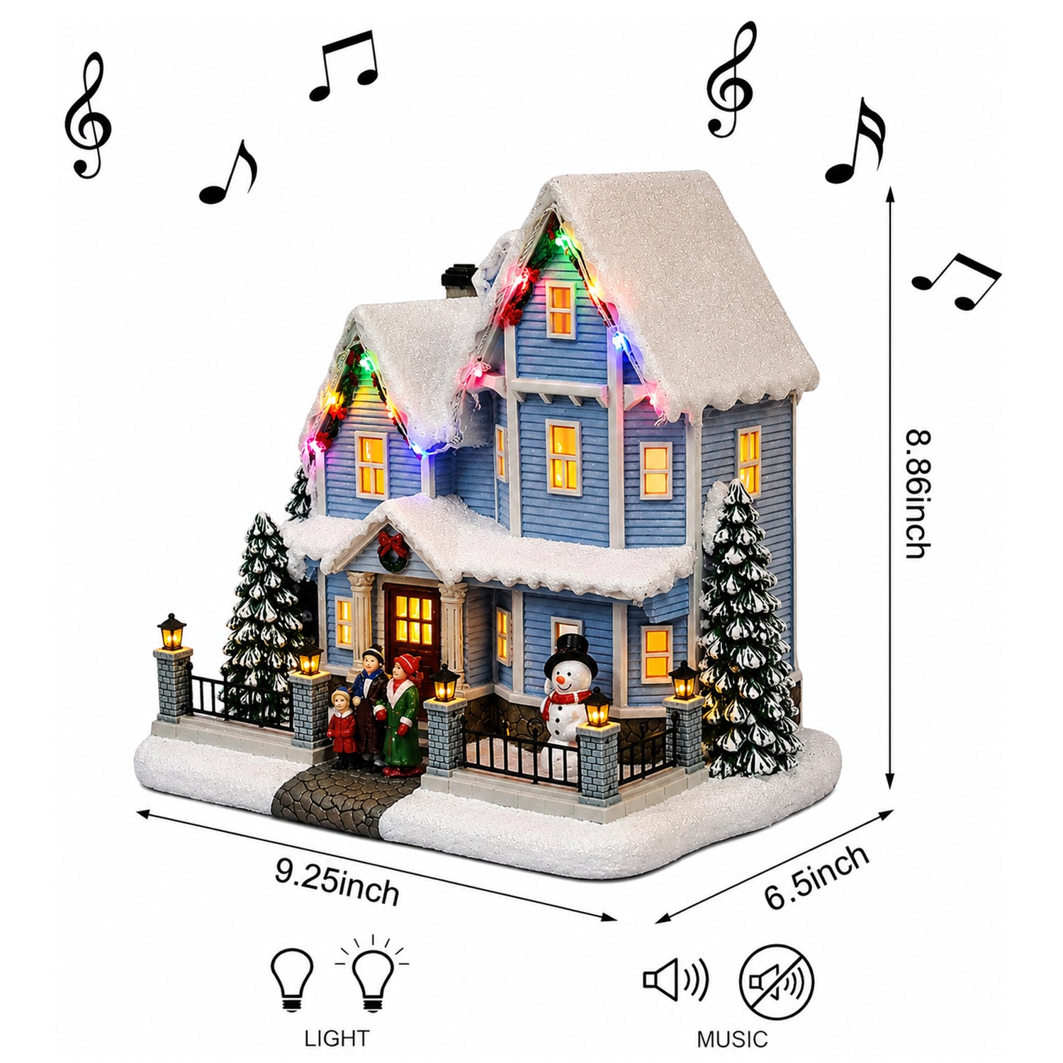 Vintage Christmas Village House 8.9” Lighted LED Musical Holiday Building with Snowman, Family Scene