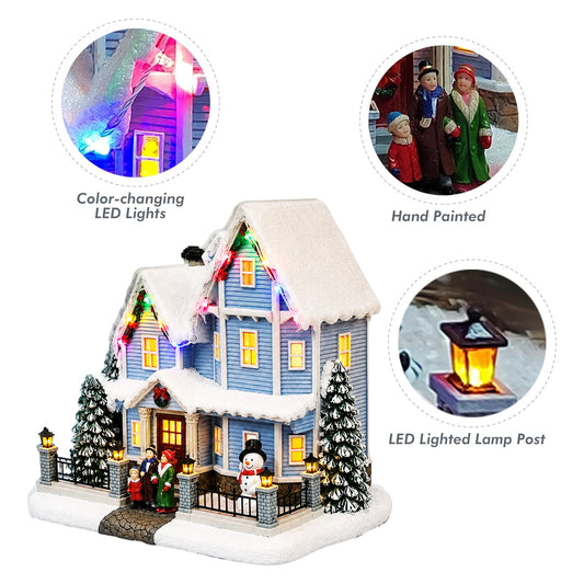 Vintage Christmas Village House 8.9” Lighted LED Musical Holiday Building with Snowman, Family Scene