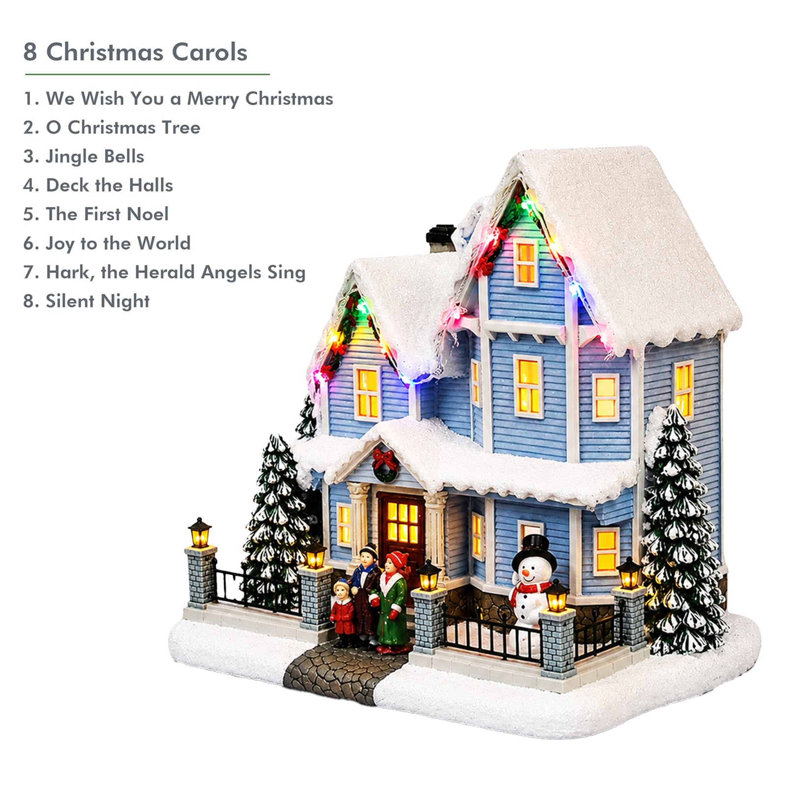 Vintage Christmas Village House 8.9” Lighted LED Musical Holiday Building with Snowman, Family Scene