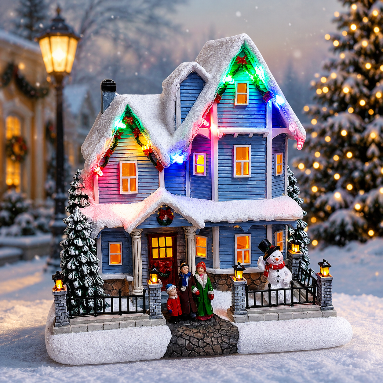 Vintage Christmas Village House 8.9” Lighted LED Musical Holiday Building with Snowman, Family Scene
