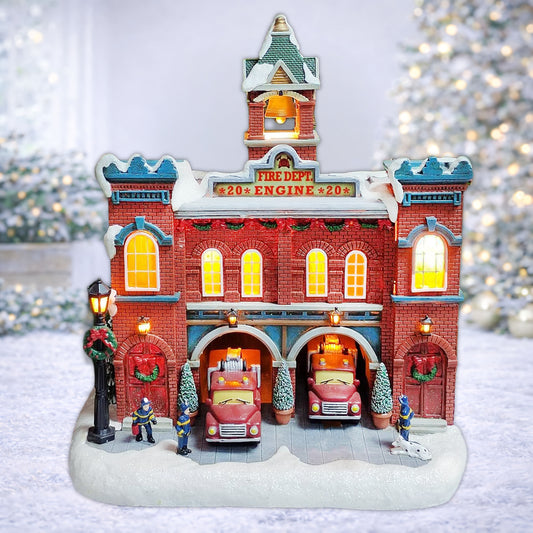 Vintage Fire Department Christmas Village LED Lights Music Moving Fire Trucks