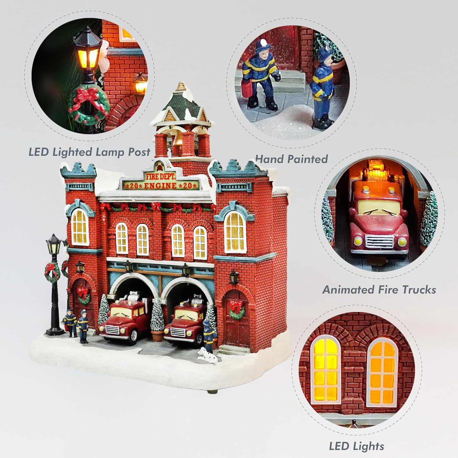 Vintage Fire Department Christmas Village LED Lights Music Moving Fire Trucks