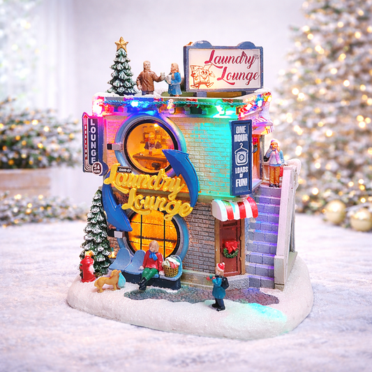 Vintage Laundry Lounge Christmas Village Building 9.8”H LED Hand-Painted Polyresin Holiday Decor
