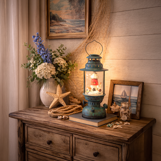 Vintage Lighthouse Water Lantern LED Lights Aqua Blue Spinning Glitter Water Globe Coastal Nautical Home Decor
