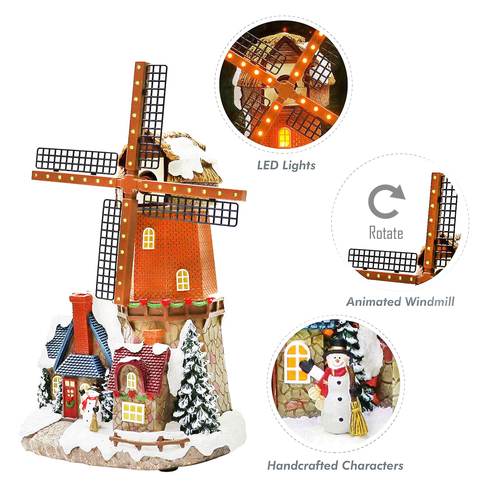 Windmill Christmas Village Building LED Lights & Animation 12.2” Handcrafted House