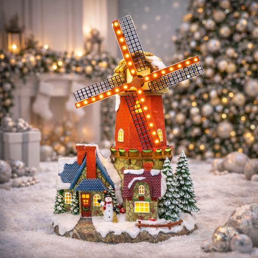 Windmill Christmas Village Building LED Lights & Animation 12.2” Handcrafted House