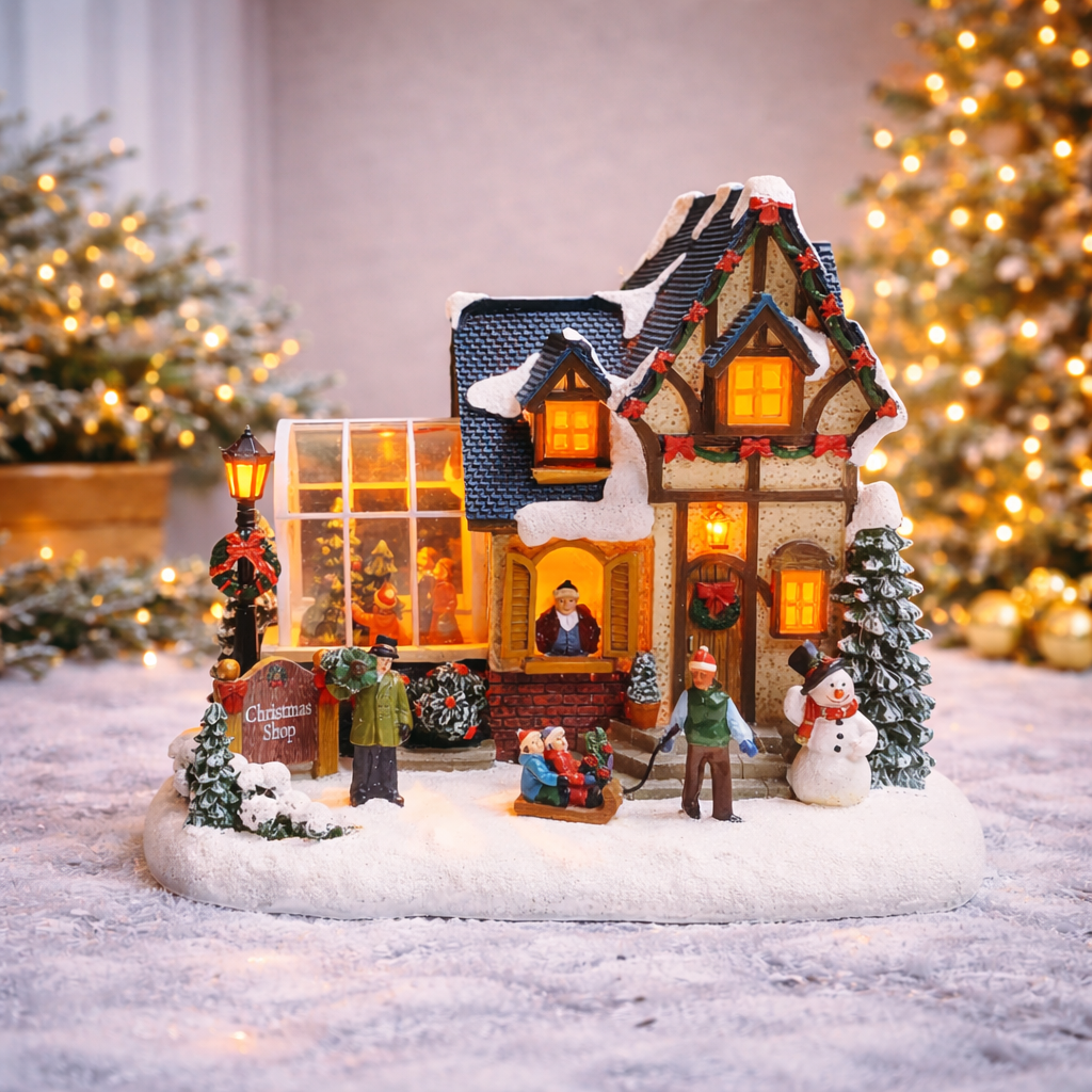 Christmas Village Building Lighted Christmas Shop with LED Lights, Music & Snowman