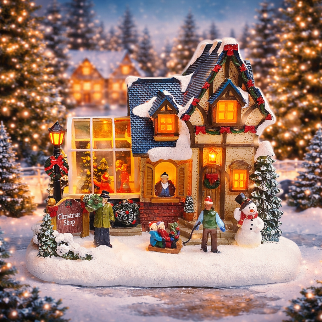 Christmas Village Building Lighted Christmas Shop with LED Lights, Music & Snowman