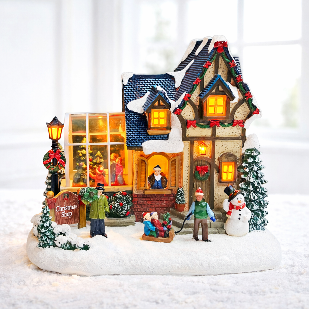 Christmas Village Building Lighted Christmas Shop with LED Lights, Music & Snowman