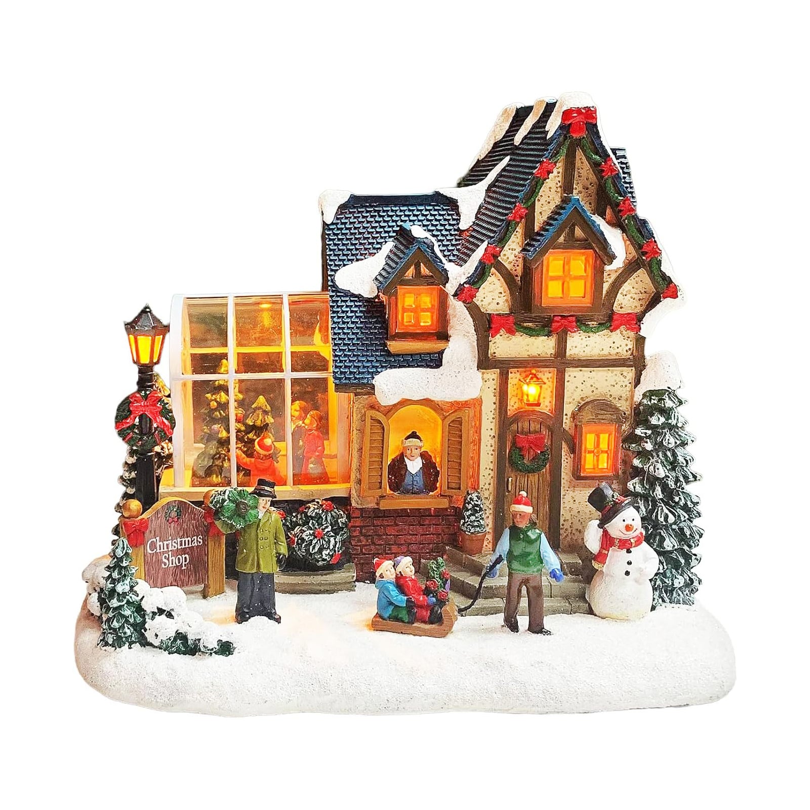 Christmas Village Building Lighted Christmas Shop with LED Lights, Music & Snowman