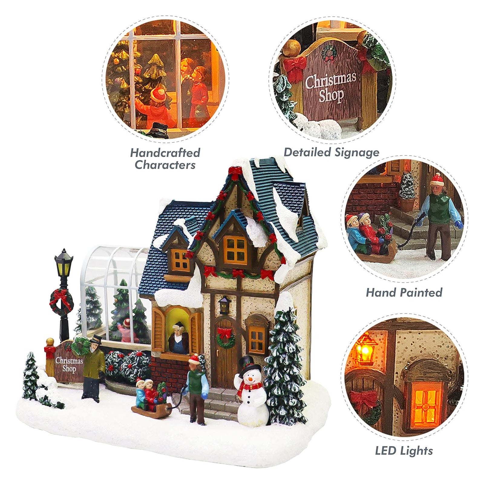 Christmas Village Building Lighted Christmas Shop with LED Lights, Music & Snowman