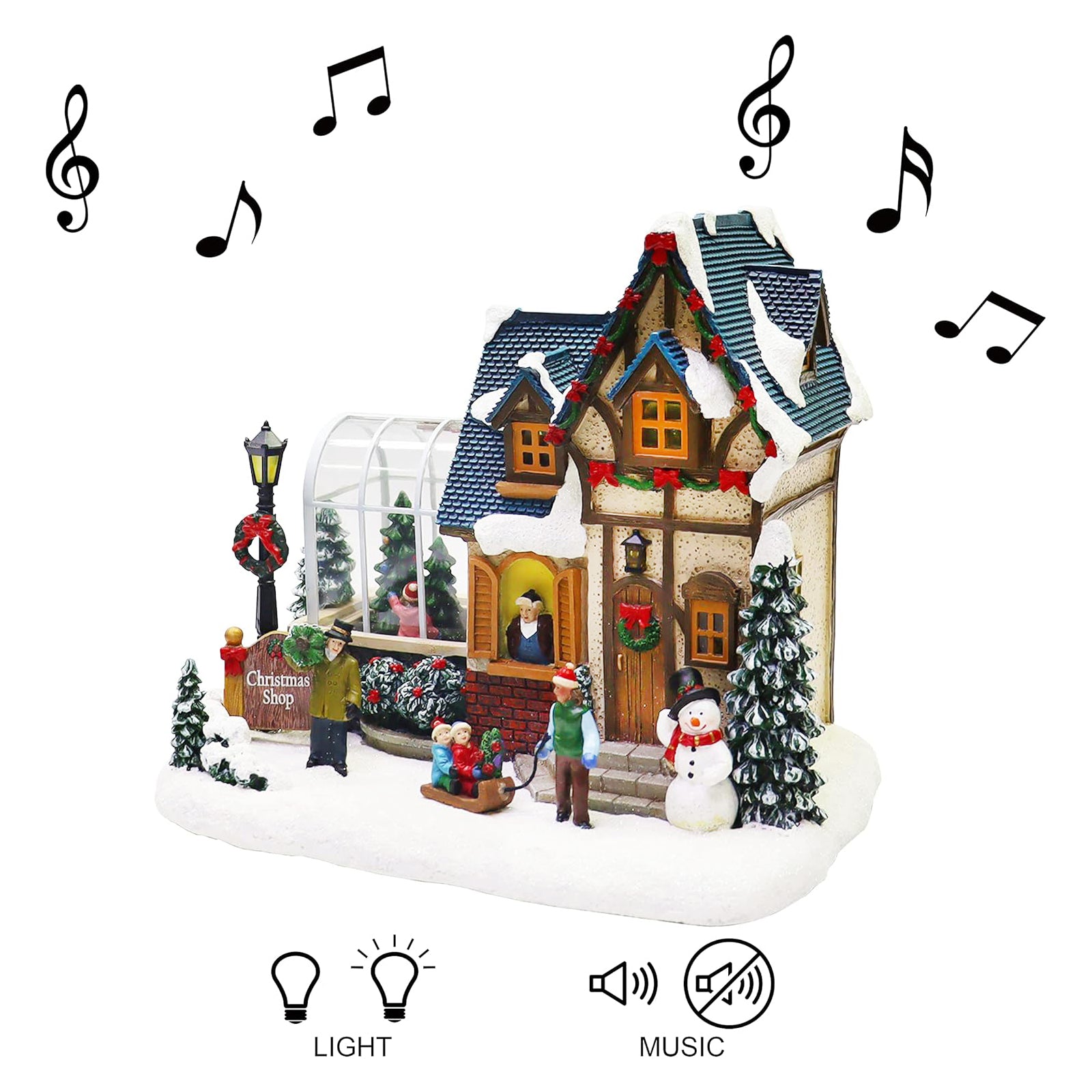 Christmas Village Building Lighted Christmas Shop with LED Lights, Music & Snowman