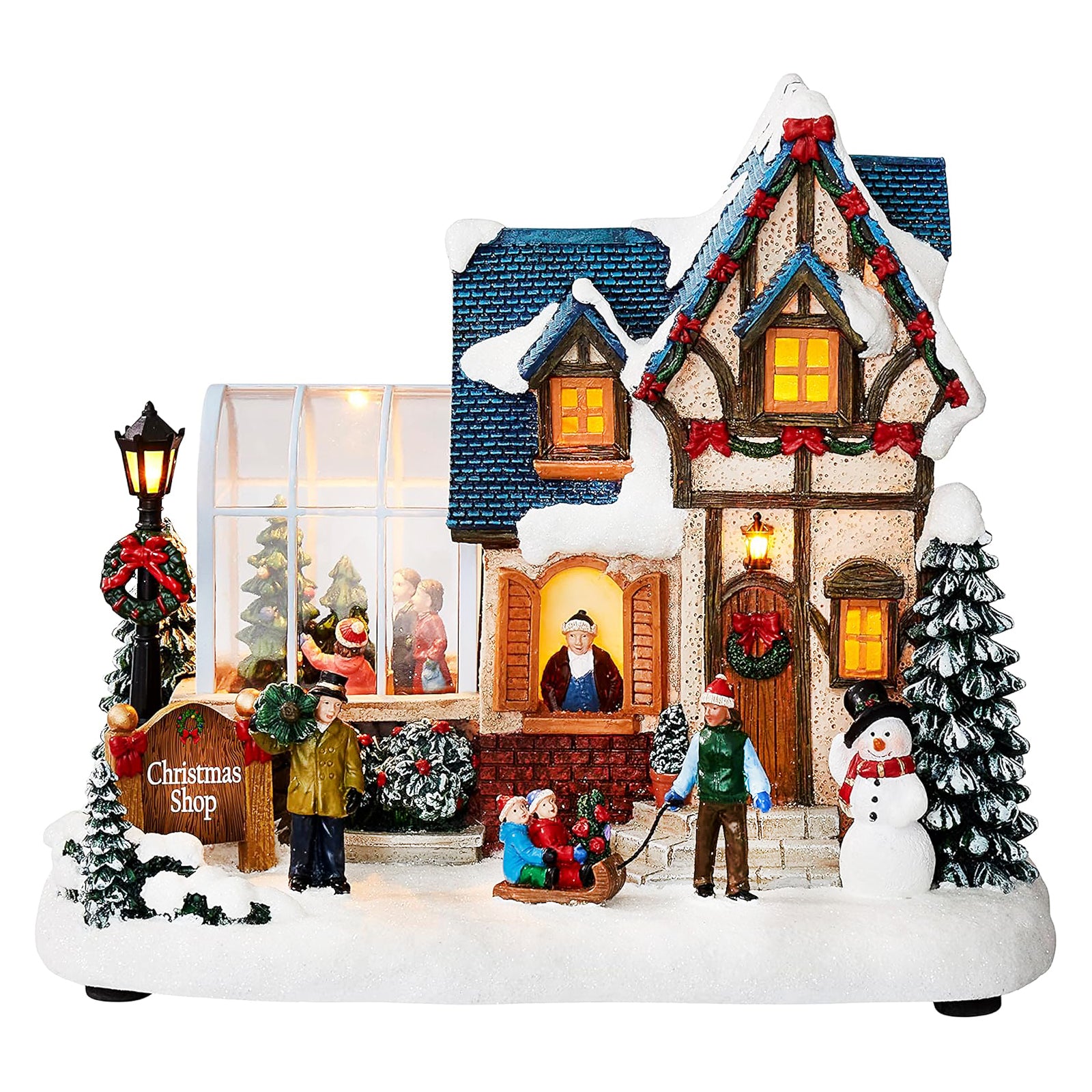 Christmas Village Building Lighted Christmas Shop with LED Lights, Music & Snowman