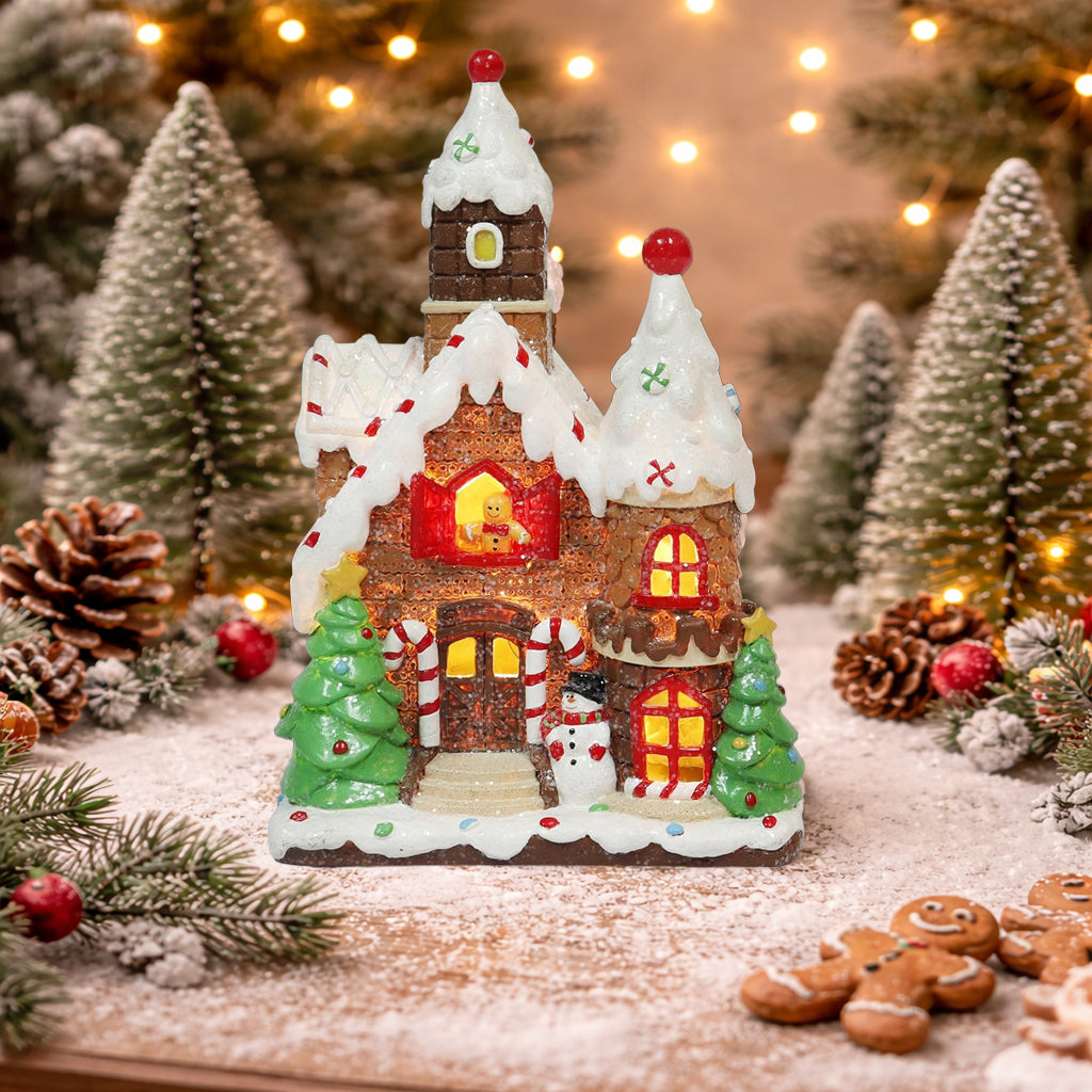 Christmas Gingerbread House Lighted Hand-Painted Resin Holiday House