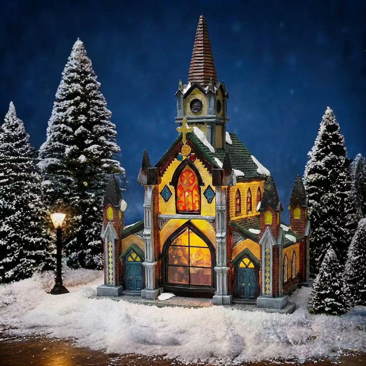 Cathedral Church Hand-Painted Polyresin Lighted Building with LED Lights