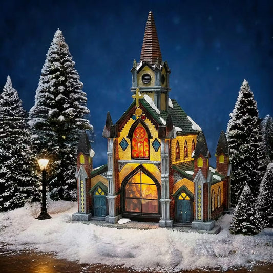 Cathedral Church Hand-Painted Polyresin Lighted Building with LED Lights