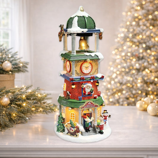 Christmas Village Clock Tower with Animated Reindeer & Bell
